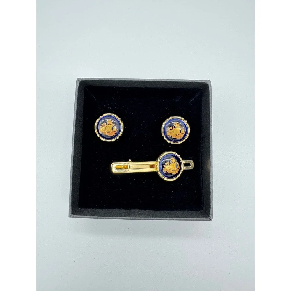 Limoges castel France cufflinks &  tie clip  Gold Tone Blue ship‎ nautical Set